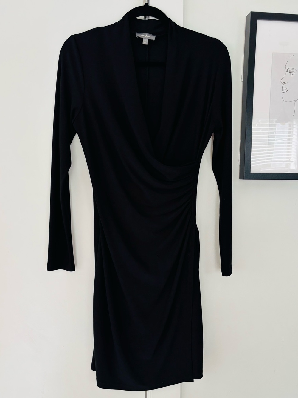 Neiman Marcus Black LS Jersey midi ruched dress size small faux wrap dress